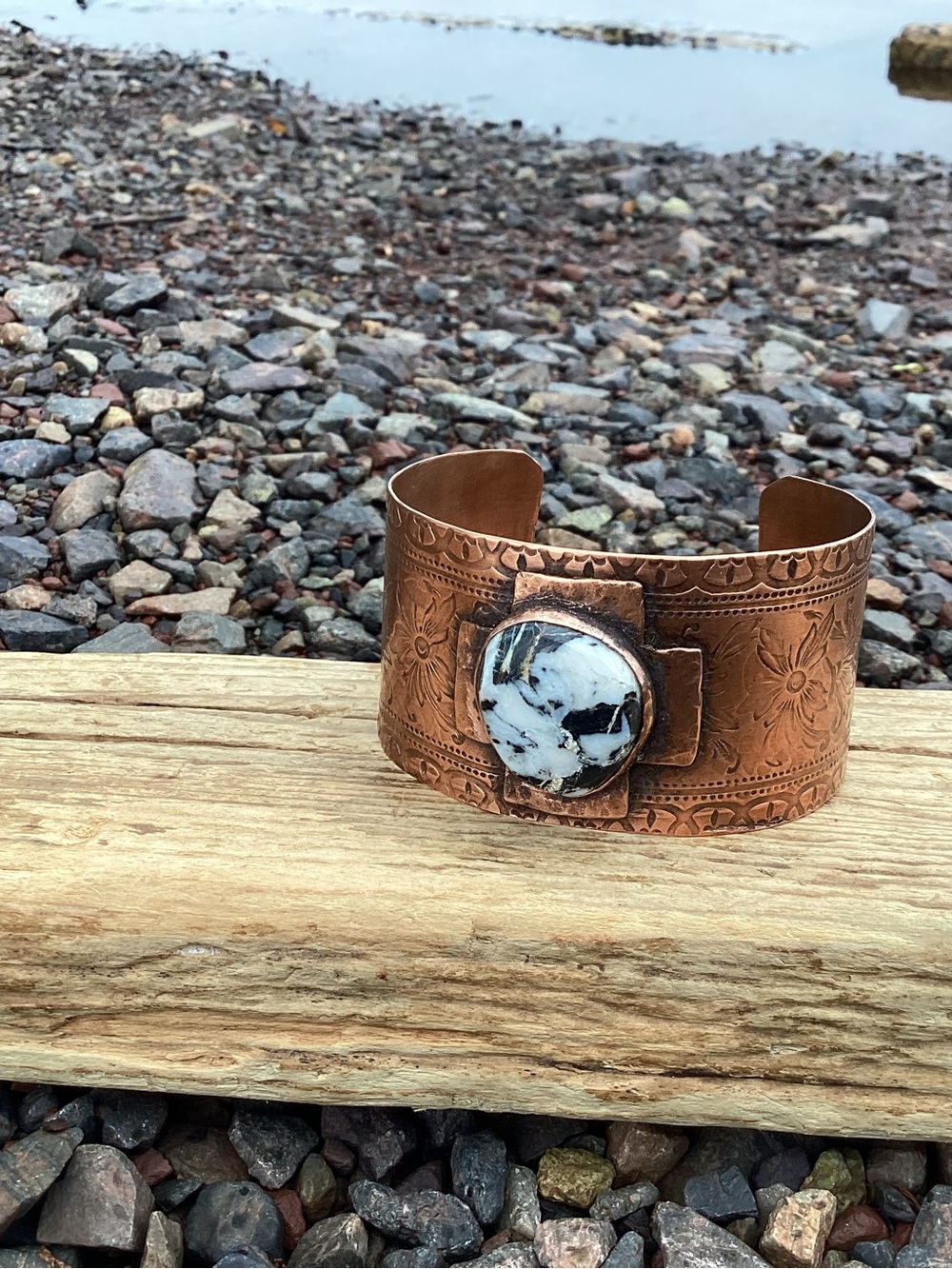 Handcrafted Copper Cuff Bracelet with White Buffalo
